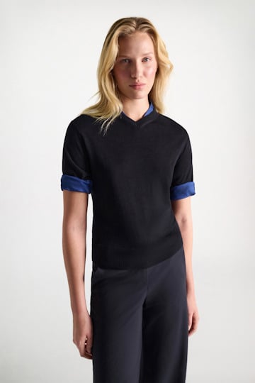 Dorothee Schumacher Extra fine Merino short sleeve layered top ink and midnight