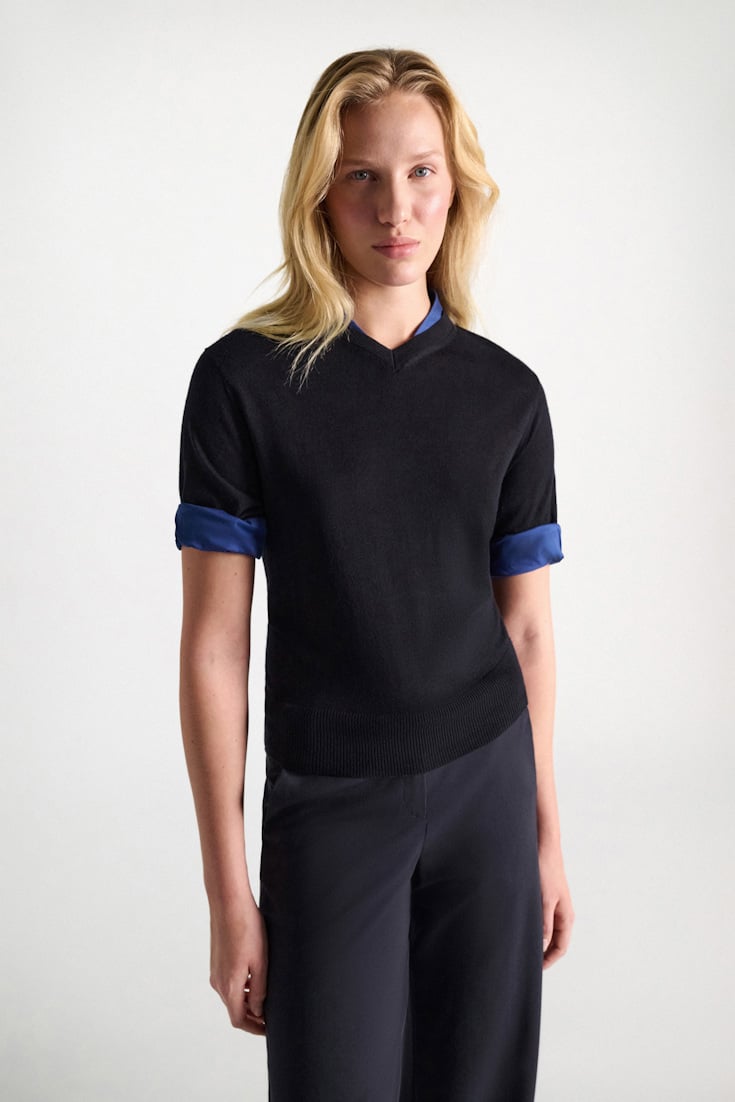 Dorothee Schumacher Extra fine Merino short sleeve layered top ink and midnight