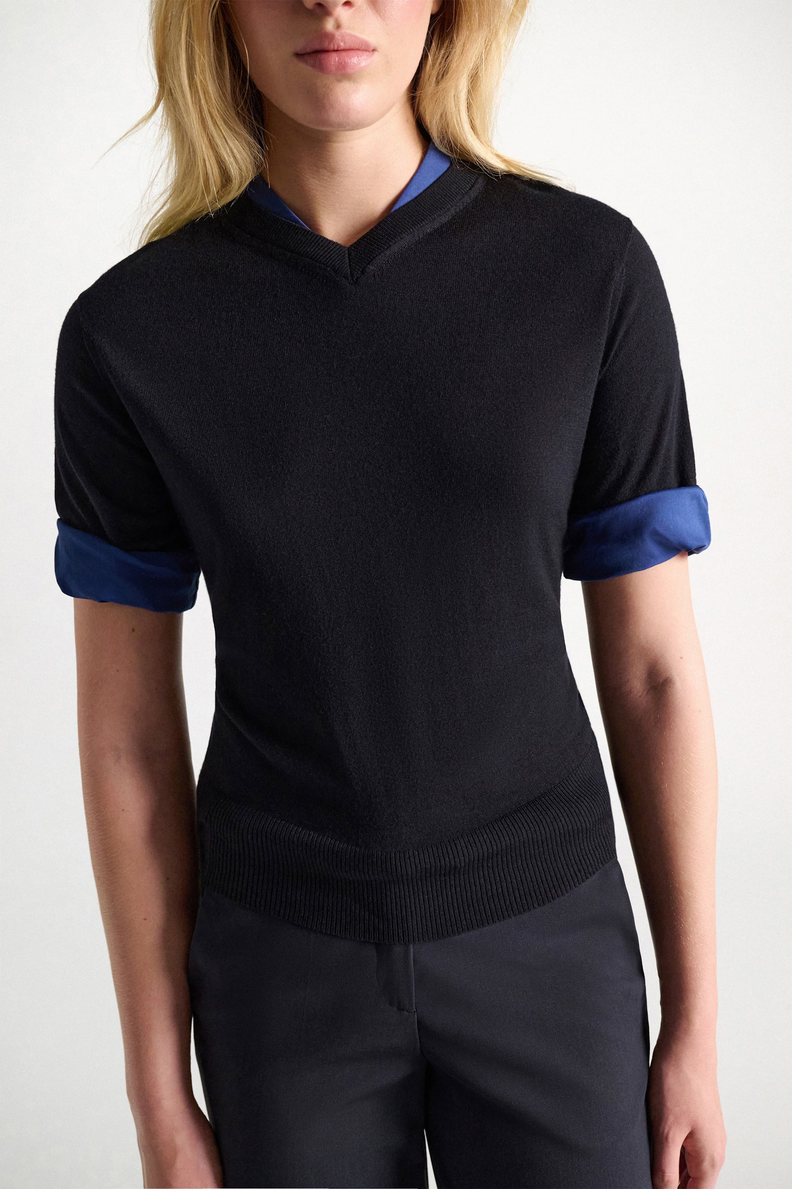 Dorothee Schumacher Extra fine Merino short sleeve layered top ink and midnight