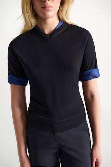 Dorothee Schumacher Extra fine Merino short sleeve layered top ink and midnight