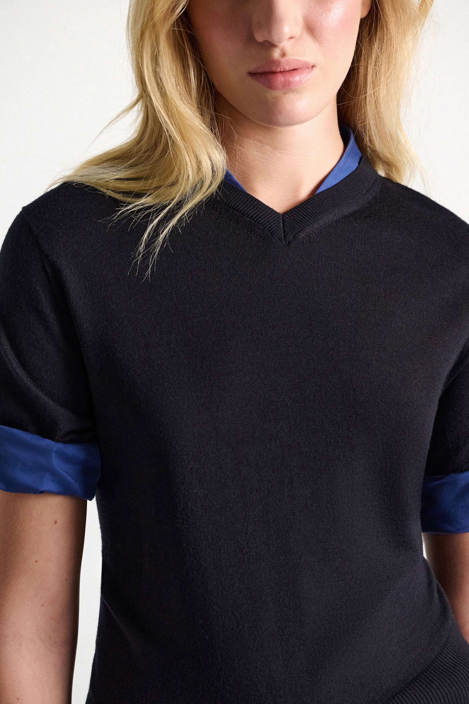 Dorothee Schumacher Extra fine Merino short sleeve layered top ink and midnight