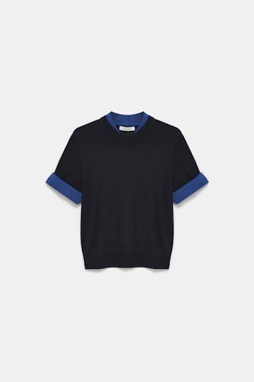 Dorothee Schumacher Extra fine Merino short sleeve layered top ink and midnight