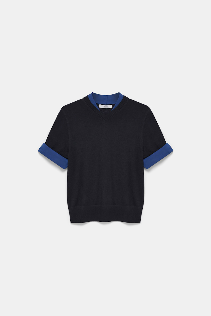 Dorothee Schumacher Extra fine Merino short sleeve layered top ink and midnight