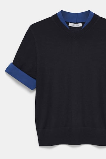 Dorothee Schumacher Extra fine Merino short sleeve layered top ink and midnight