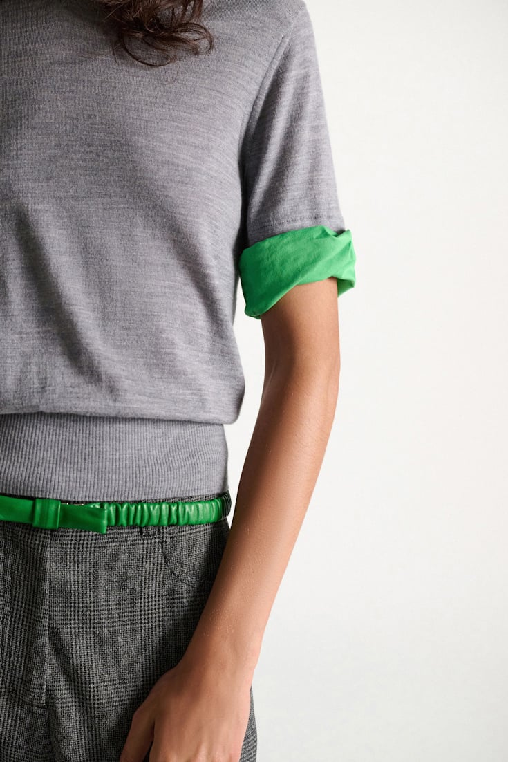 Dorothee Schumacher Extra fine Merino short sleeve layered top grey mel. patch
