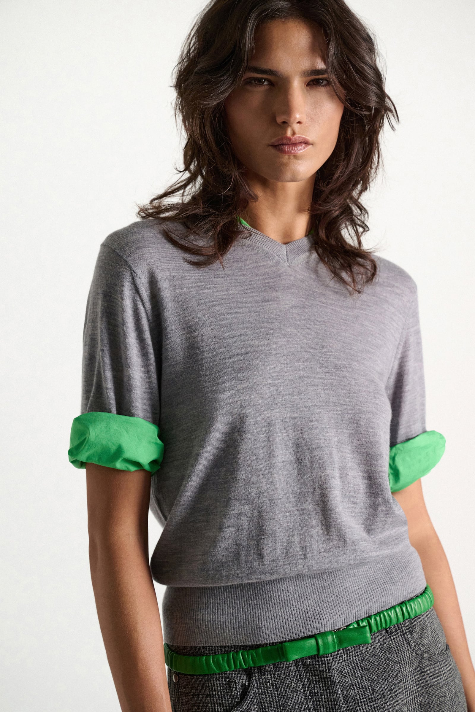 Dorothee Schumacher Extra fine Merino short sleeve layered top grey mel. patch
