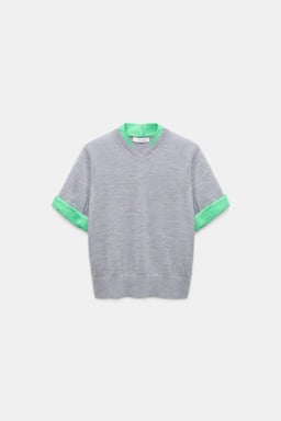 Dorothee Schumacher Extra fine Merino short sleeve layered top grey mel. patch