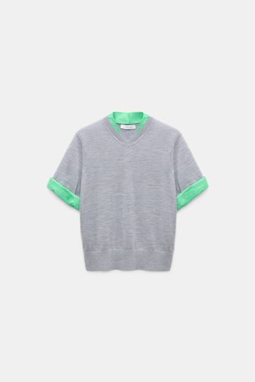Dorothee Schumacher Extra fine Merino short sleeve layered top grey mel. patch