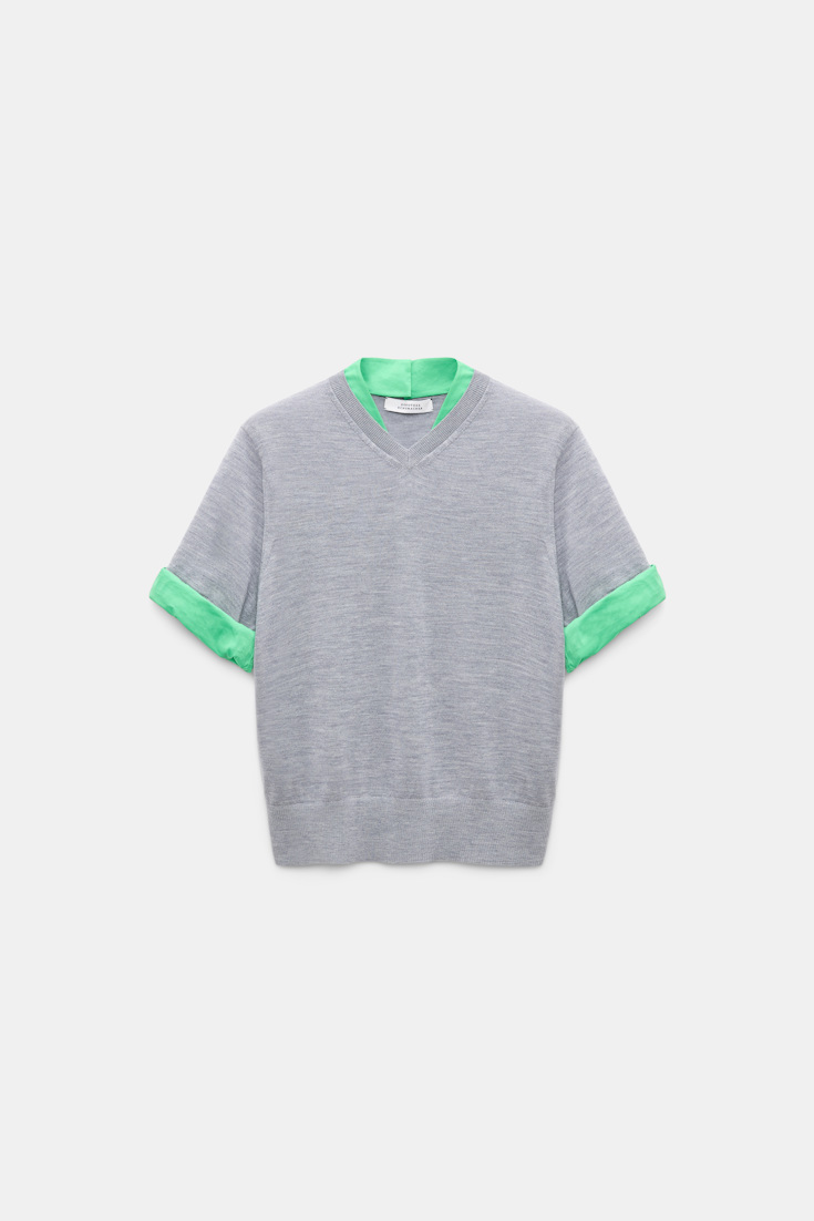 Dorothee Schumacher Extra fine Merino short sleeve layered top grey mel. patch