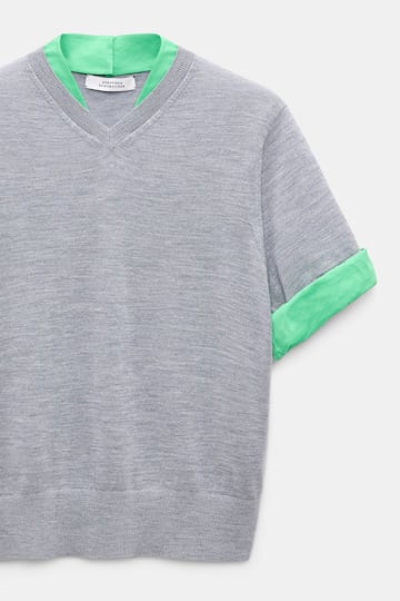 Dorothee Schumacher Extra fine Merino short sleeve layered top grey mel. patch