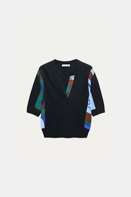 Dorothee Schumacher Merino-cashmere patchwork top colorful ribbon scarf
