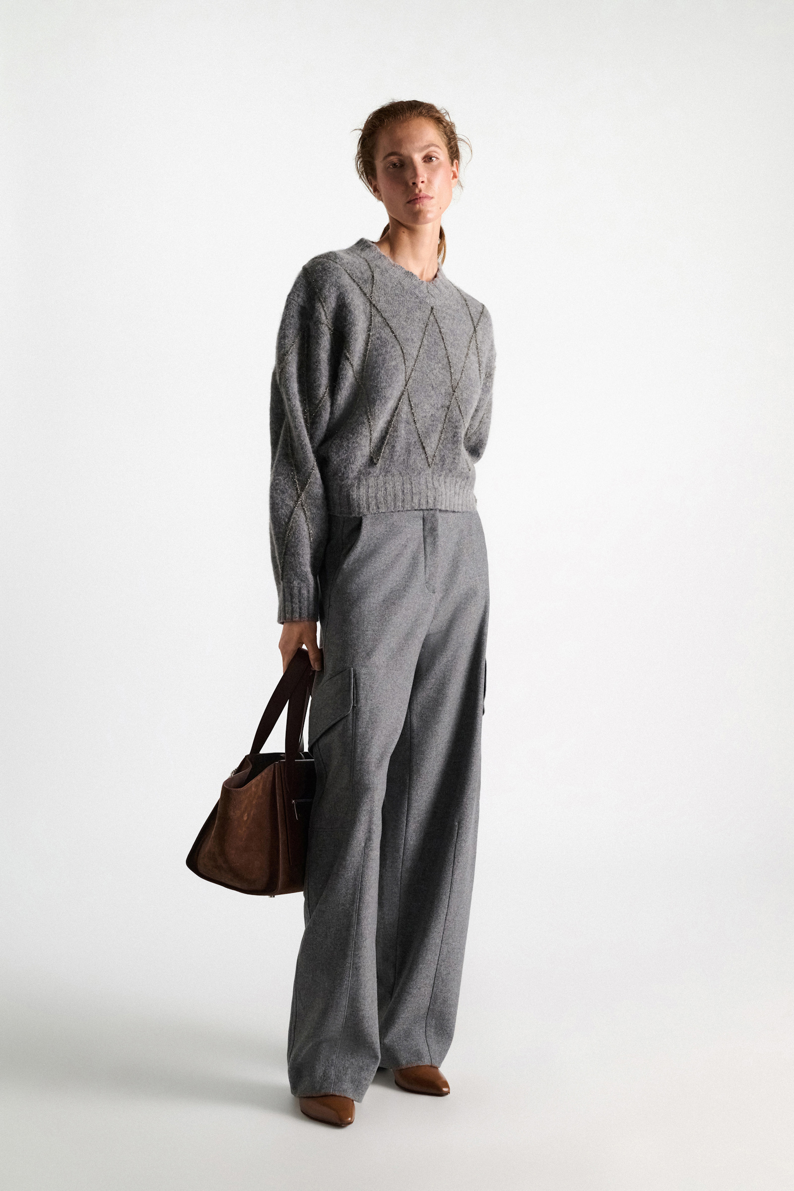 Dorothee Schumacher V-neck pullover with argyle embroidery grey melange