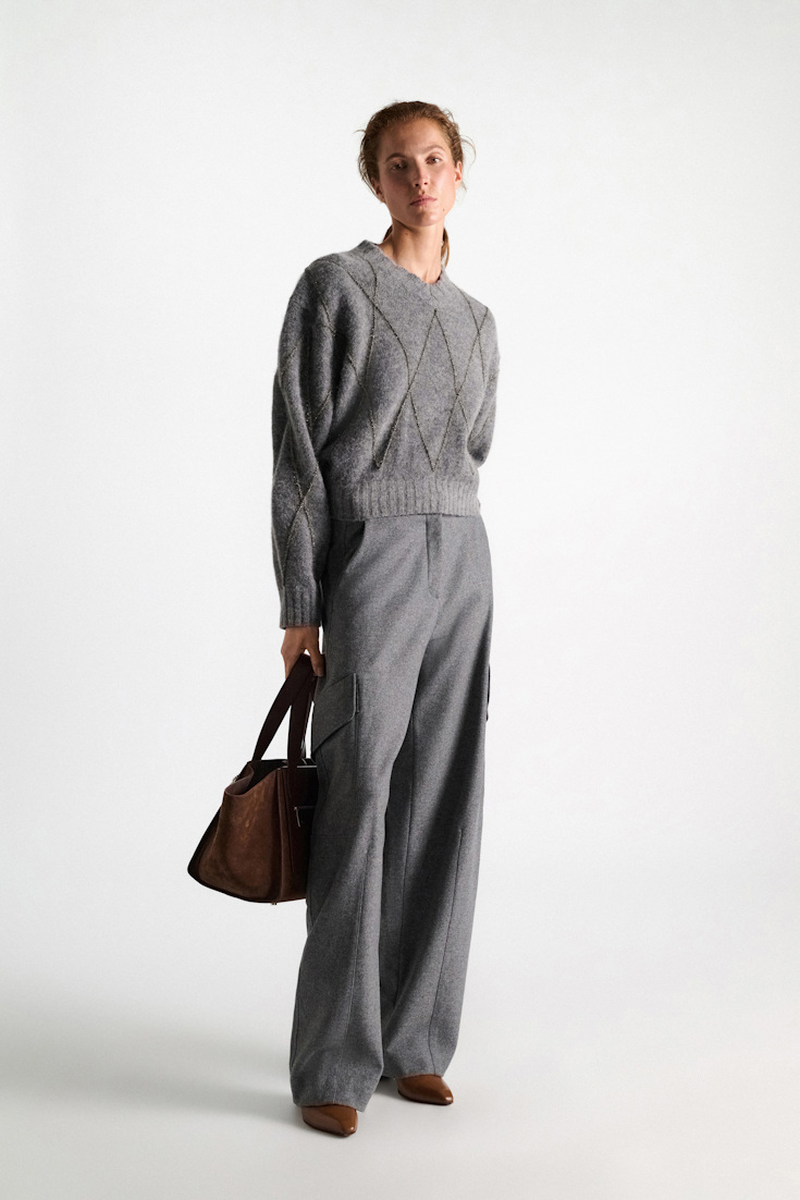 Dorothee Schumacher V-neck pullover with argyle embroidery grey melange
