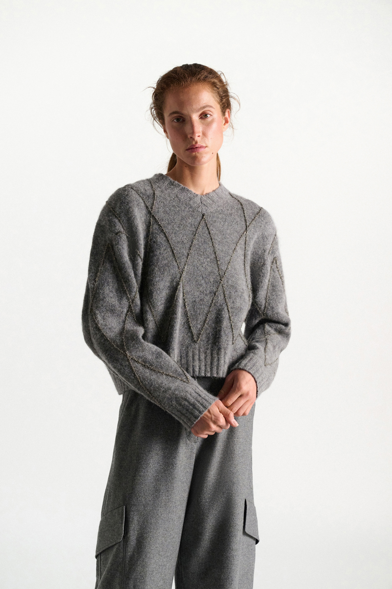 Dorothee Schumacher V-neck pullover with argyle embroidery grey melange