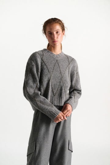 Dorothee Schumacher Pullover mit V-Ausschnitt und Argyle-Stickerei grey melange