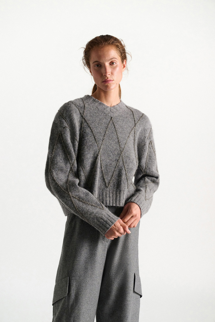 Dorothee Schumacher V-neck pullover with argyle embroidery grey melange