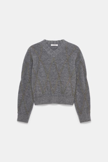 Dorothee Schumacher Pullover mit V-Ausschnitt und Argyle-Stickerei grey melange