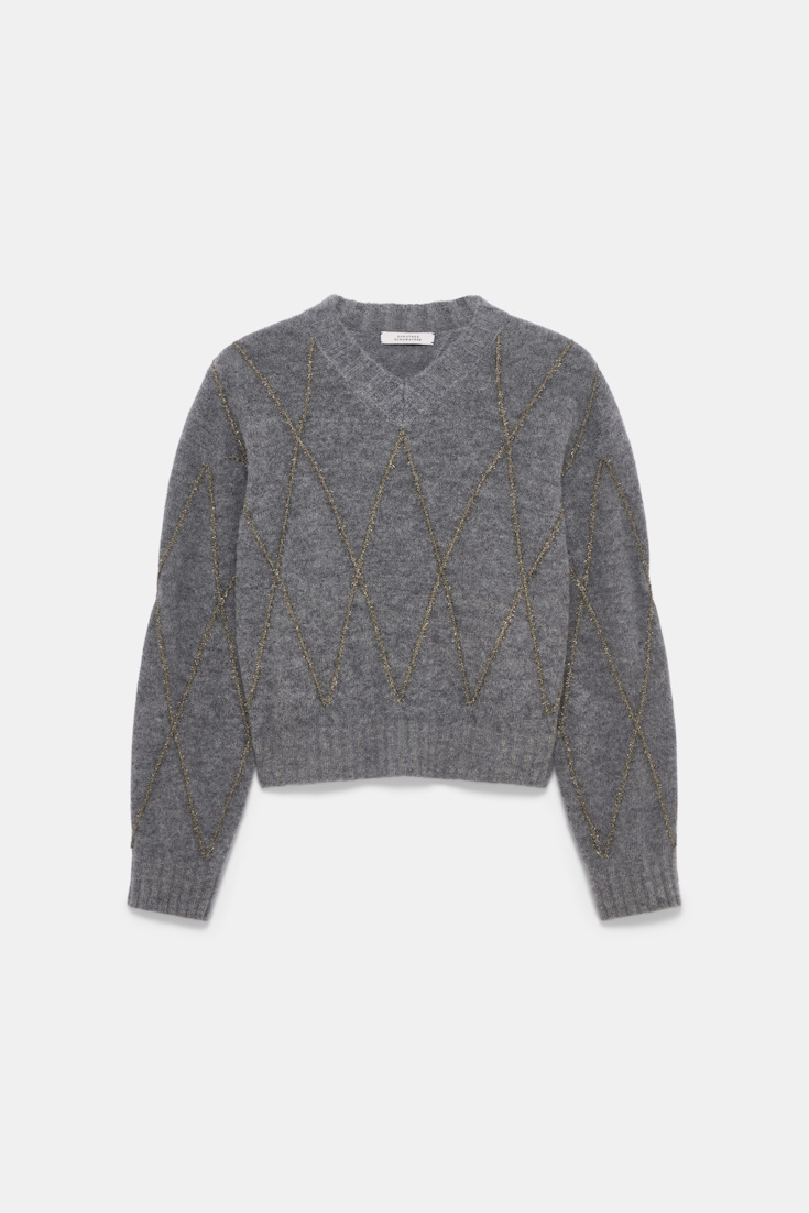 Dorothee Schumacher V-neck pullover with argyle embroidery grey melange
