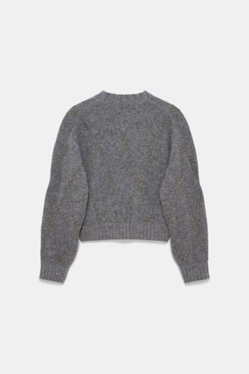 Dorothee Schumacher Pullover mit V-Ausschnitt und Argyle-Stickerei grey melange