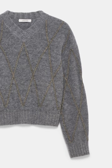 Dorothee Schumacher Pullover mit V-Ausschnitt und Argyle-Stickerei grey melange