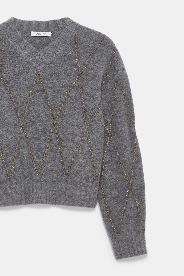 Dorothee Schumacher V-neck pullover with argyle embroidery grey melange