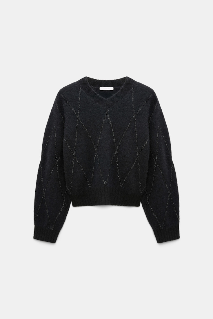 Dorothee Schumacher V-neck pullover with argyle embroidery black