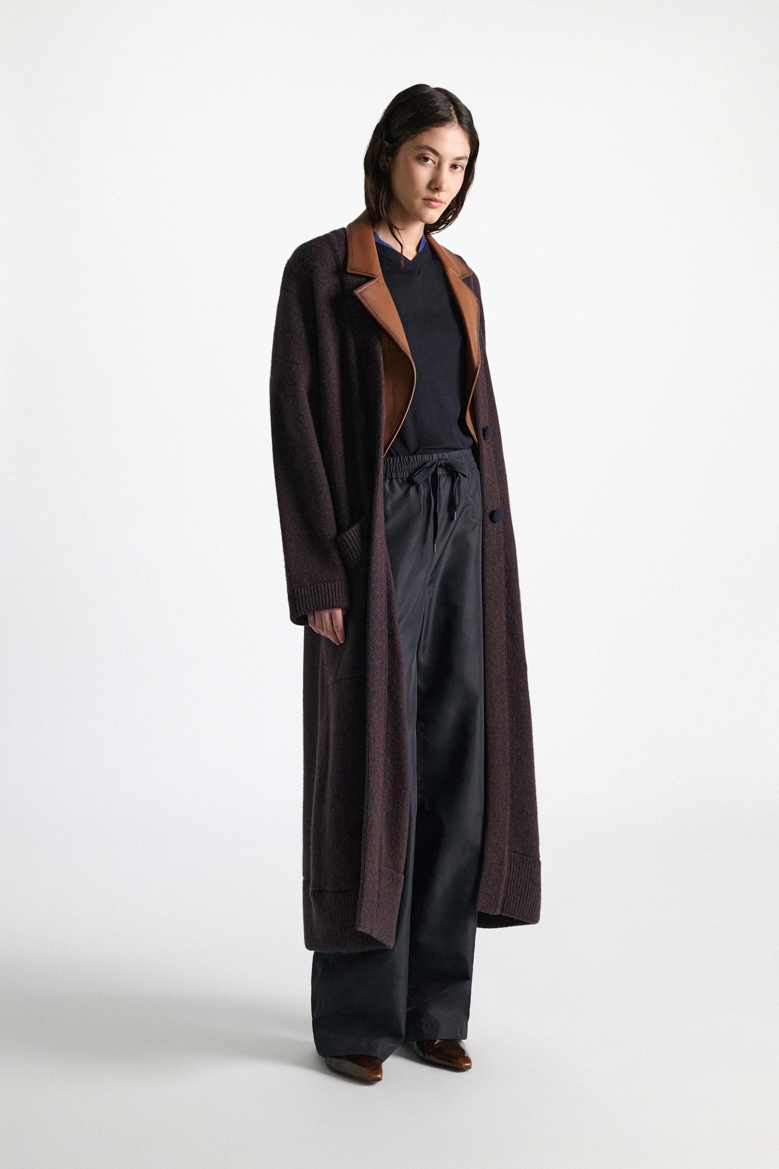 Dorothee Schumacher Merino-cashmere coat with leather details navy brown mouline