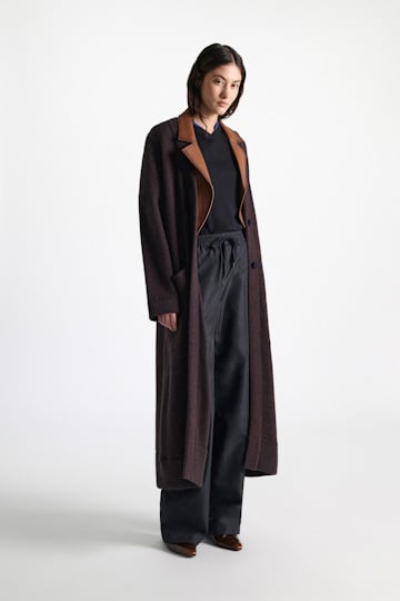Dorothee Schumacher Merino-cashmere coat with leather details navy brown mouline