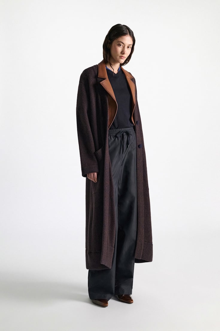 Dorothee Schumacher Merino-cashmere coat with leather details navy brown mouline