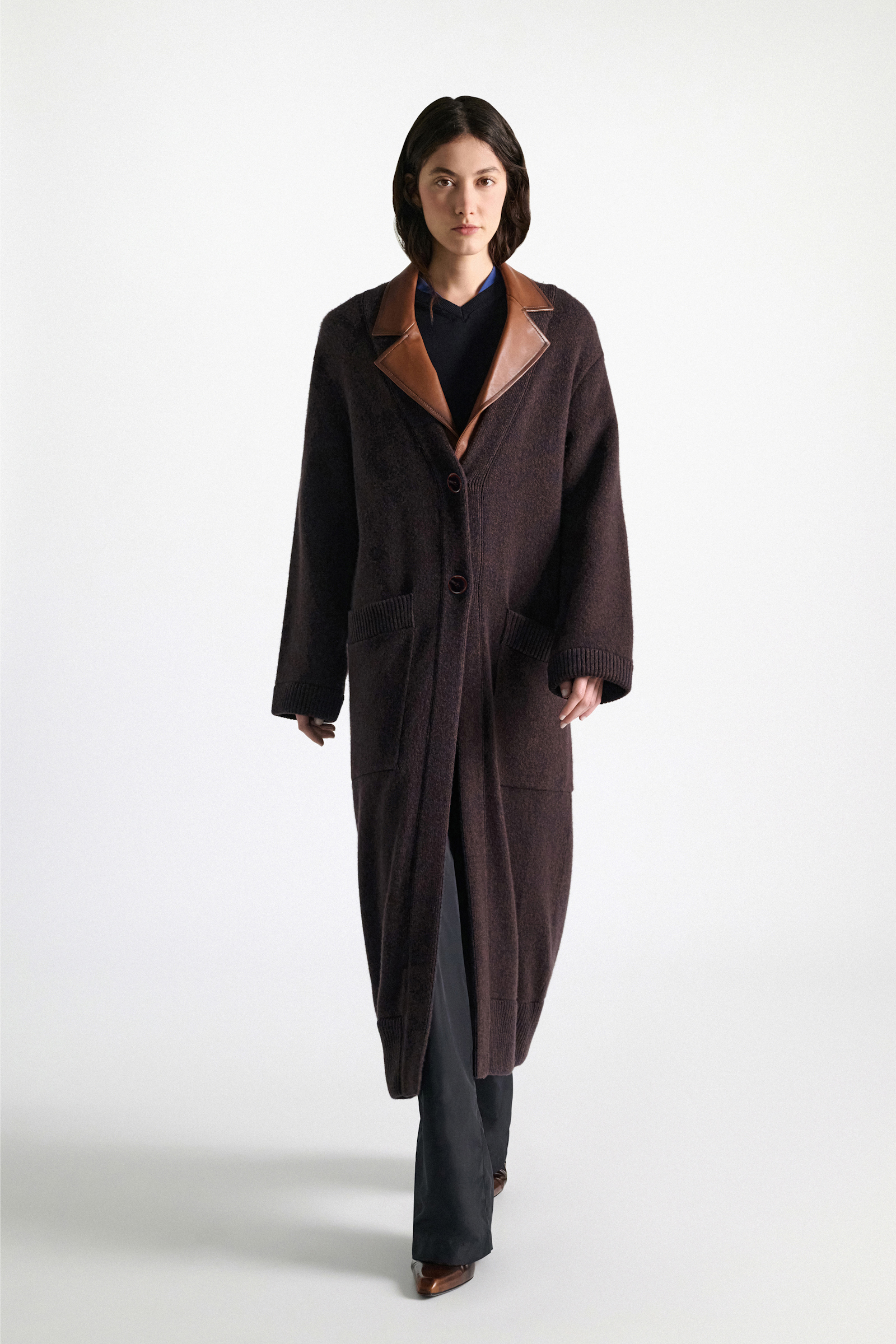 Dorothee Schumacher Merino-cashmere coat with leather details navy brown mouline