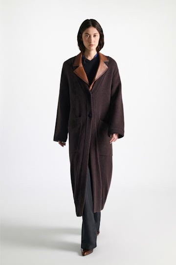 Dorothee Schumacher Merino-cashmere coat with leather details navy brown mouline