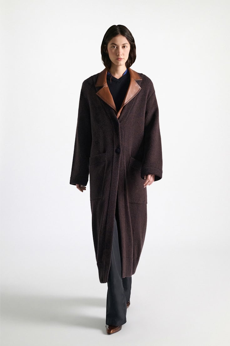 Dorothee Schumacher Merino-cashmere coat with leather details navy brown mouline