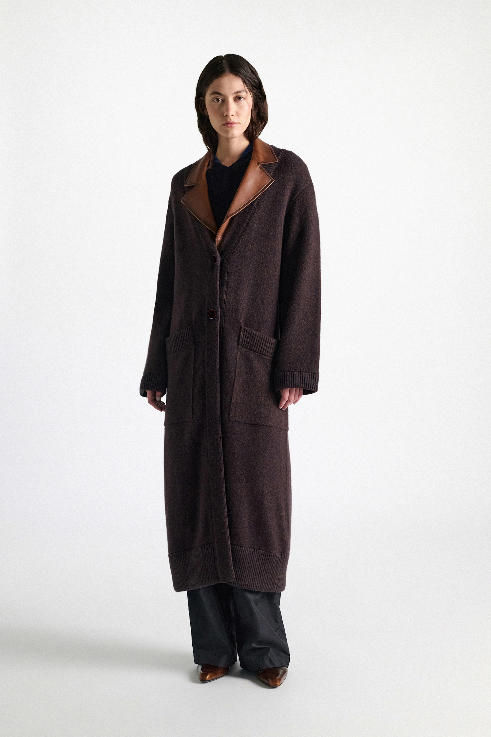 Dorothee Schumacher Merino-cashmere coat with leather details navy brown mouline