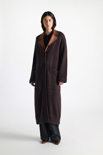 Dorothee Schumacher Merino-cashmere coat with leather details navy brown mouline