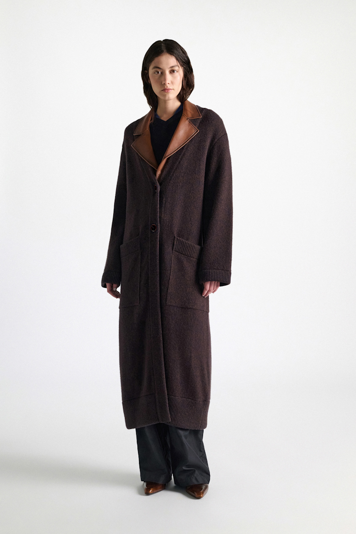 Dorothee Schumacher Merino-cashmere coat with leather details navy brown mouline