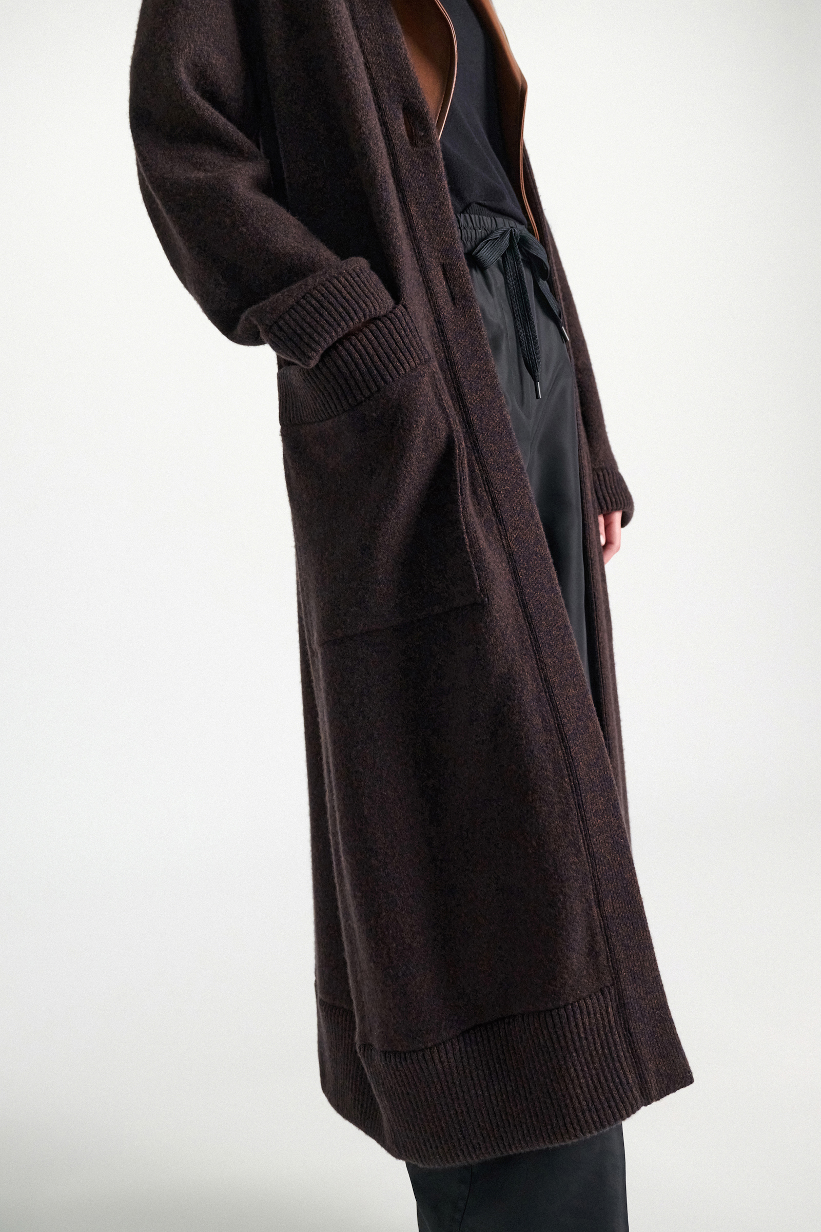 Dorothee Schumacher Merino-cashmere coat with leather details navy brown mouline