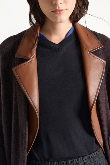 Dorothee Schumacher Merino-cashmere coat with leather details navy brown mouline