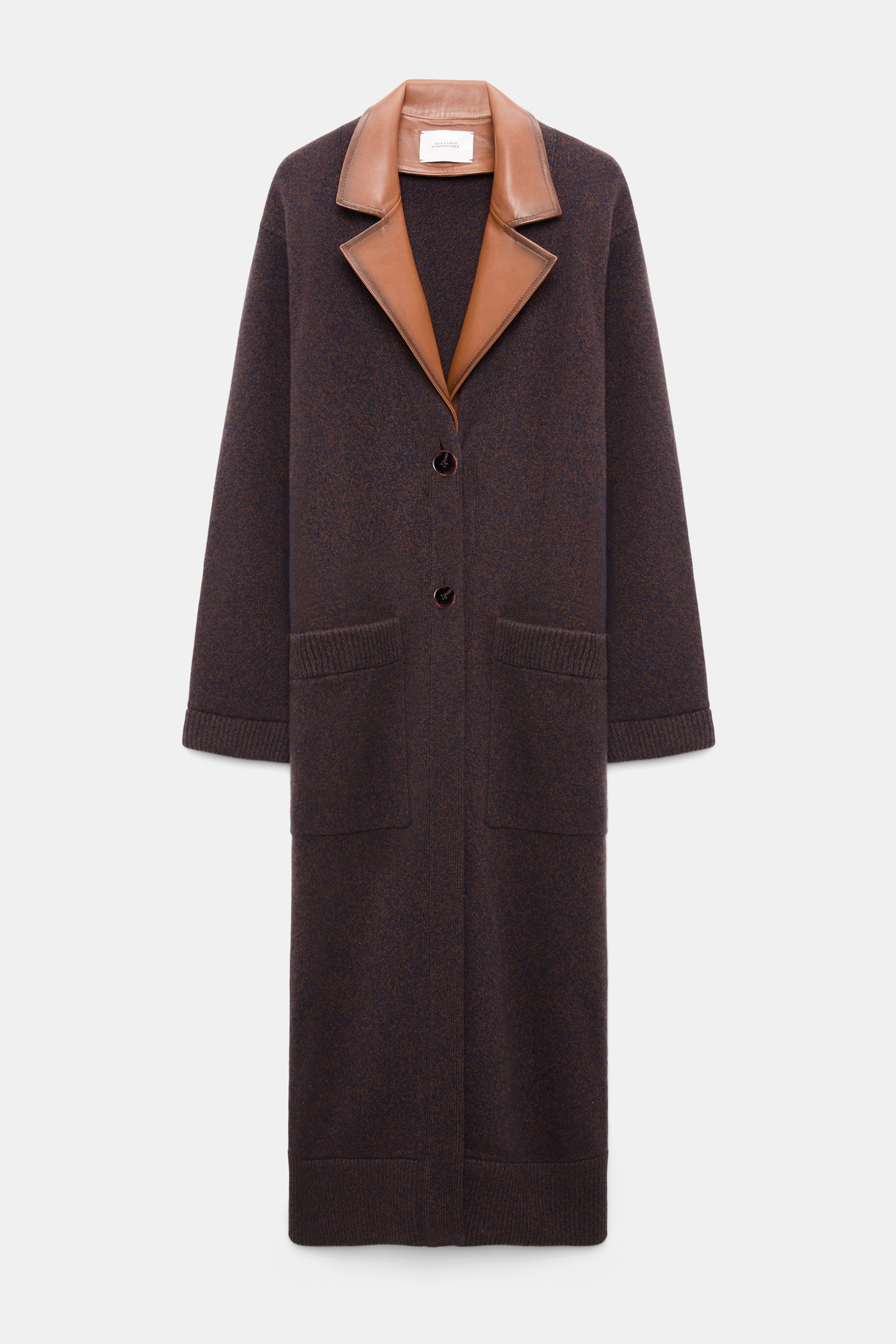 Dorothee Schumacher Merino-cashmere coat with leather details navy brown mouline