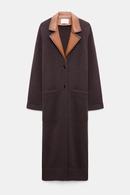 Dorothee Schumacher Merino-cashmere coat with leather details navy brown mouline