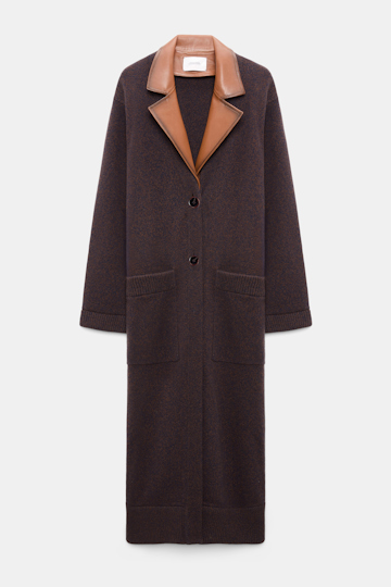 Dorothee Schumacher Merino-cashmere coat with leather details navy brown mouline