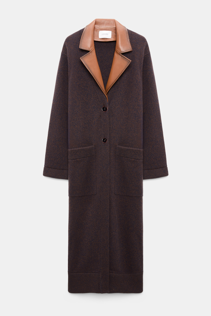 Dorothee Schumacher Merino-cashmere coat with leather details navy brown mouline