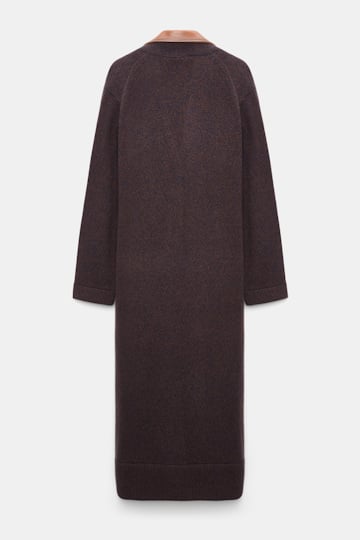 Dorothee Schumacher Merino-cashmere coat with leather details navy brown mouline