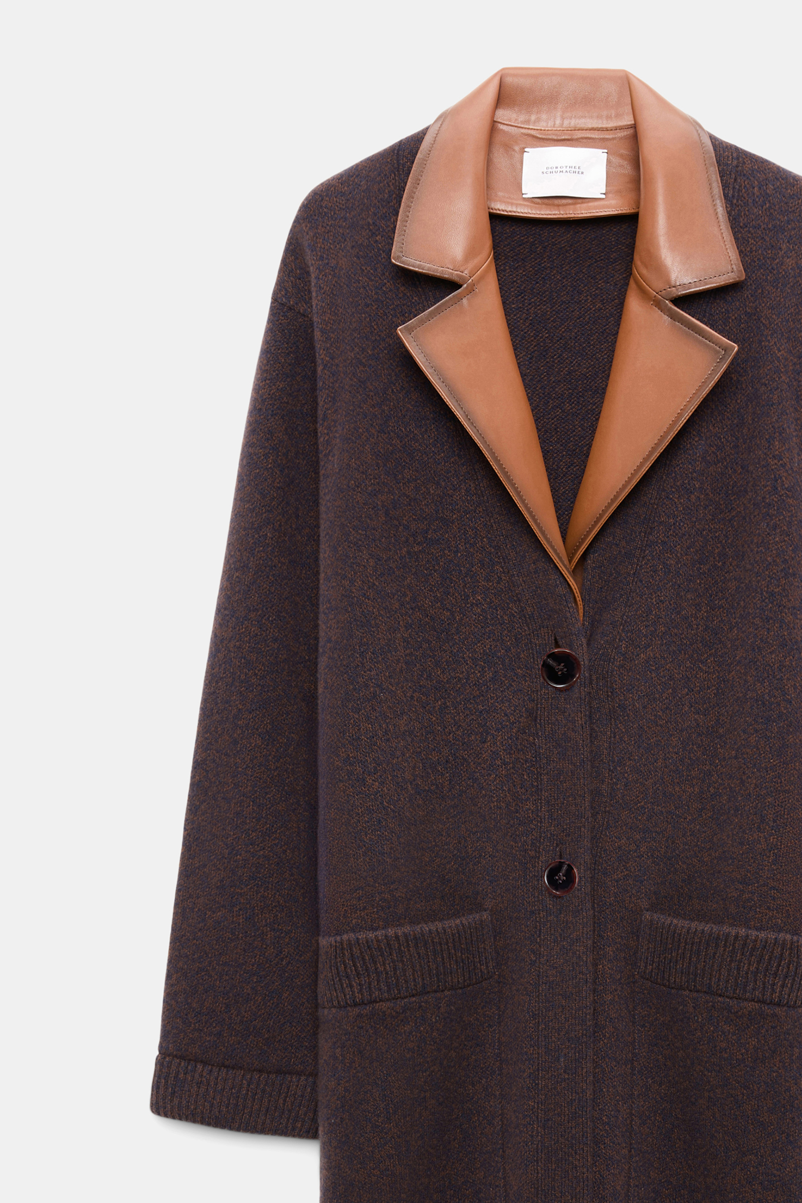Dorothee Schumacher Merino-cashmere coat with leather details navy brown mouline
