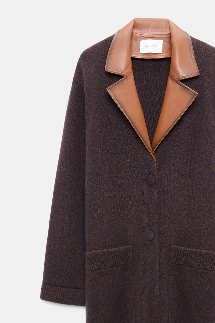 Dorothee Schumacher Merino-cashmere coat with leather details navy brown mouline