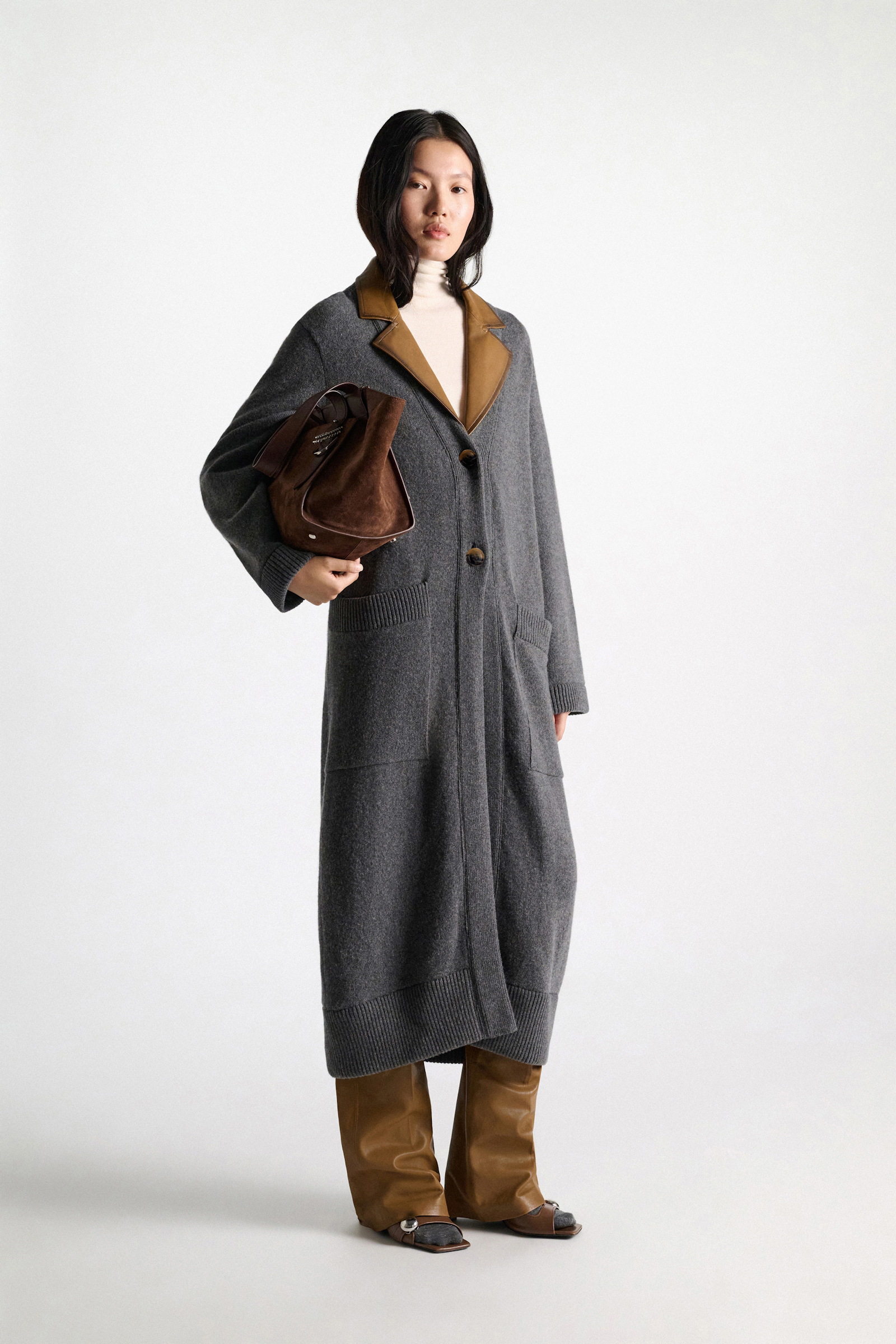 Dorothee Schumacher Merino-cashmere coat with leather details anthra melange