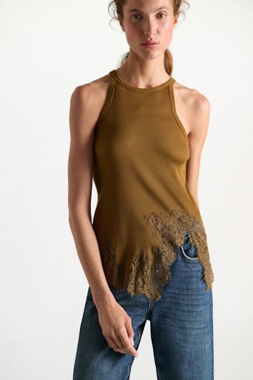 Dorothee Schumacher Rib knit cotton tank top with lace trim porcini