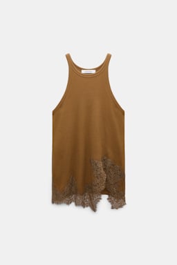 Dorothee Schumacher Rib knit cotton tank top with lace trim porcini
