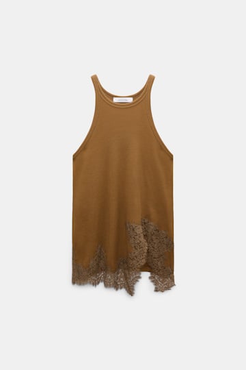 Dorothee Schumacher Rib knit cotton tank top with lace trim porcini