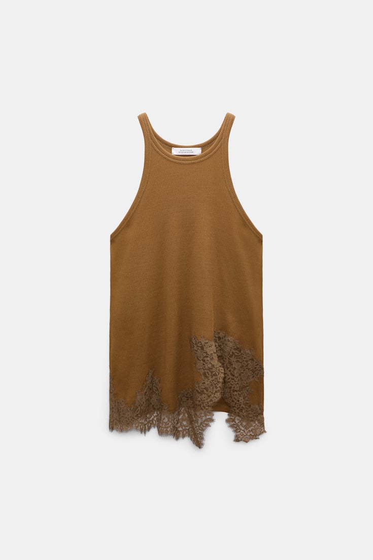 Dorothee Schumacher Rib knit cotton tank top with lace trim porcini