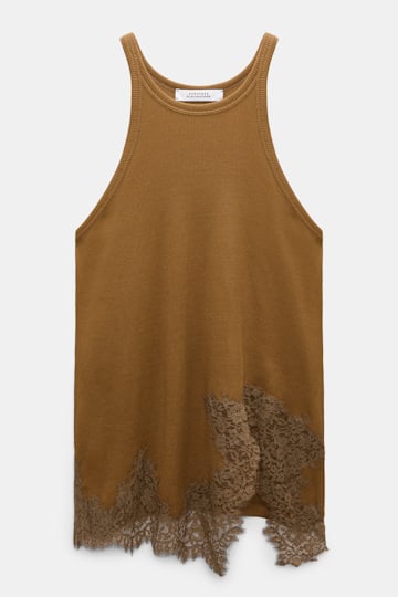 Dorothee Schumacher Rib knit cotton tank top with lace trim porcini